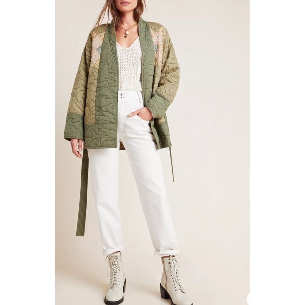 Anthropologie Women Kimono Jacket Green Quilted Patchwork Floral Waist Tie Sz M